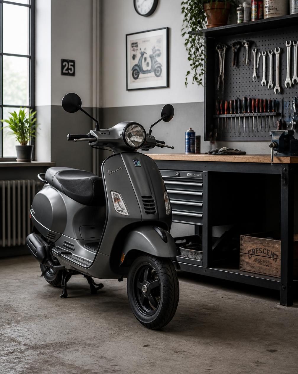 Scooter in de werkplaats naast de werkbank met gereedschap