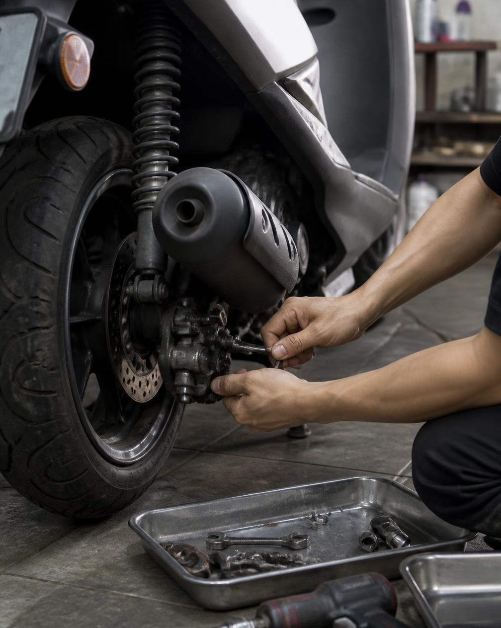 Monteur werkt aan het achterwiel van een scooter